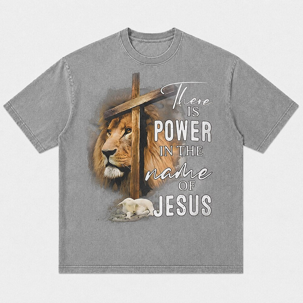 There Is Power In The Name Of Jesus Lion Of Judah Lamb Wooden Cross Christian Faith Realistic Vintage Christian T-Shirt - product image 4