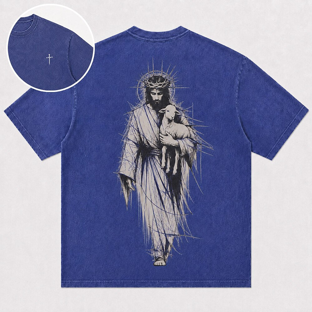 Jesus Holding Lamb Crown Of Thorns Good Shepherd Sketch Line Art Christian Religious Vintage Front Cross Christian T-Shirt - product image 1