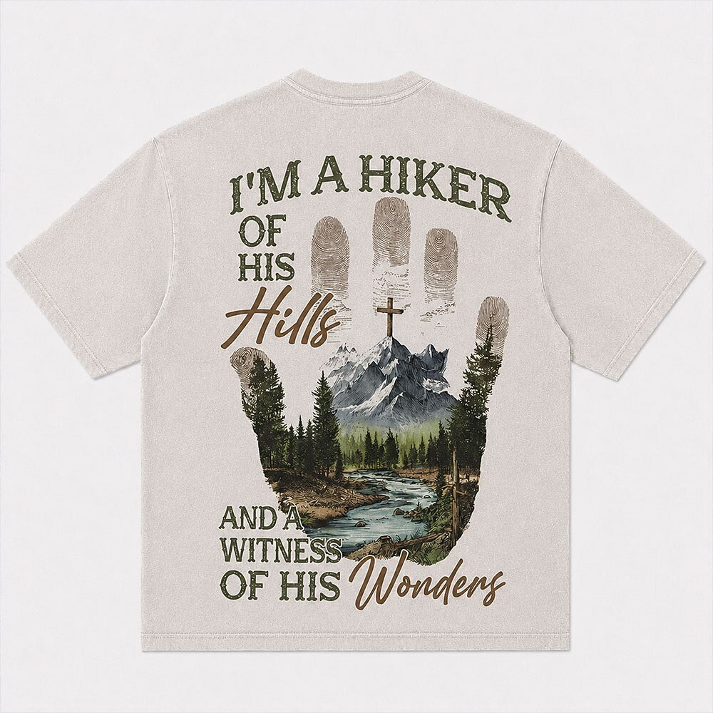 I'm A Hiker of His Hills And A Witness of His Wonders Quote with Handprint Mountain River Cross Christian T-Shirt - product image 4