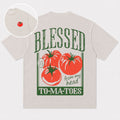 Blessed tomato graphic with Ephesians 1:3 cotton T-shirt, product view 1