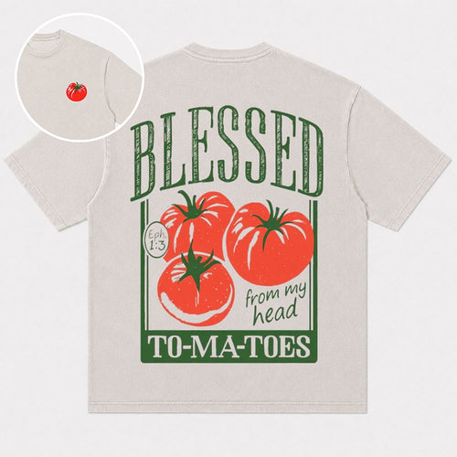 Blessed tomato graphic with Ephesians 1:3 cotton T-shirt, product view 1
