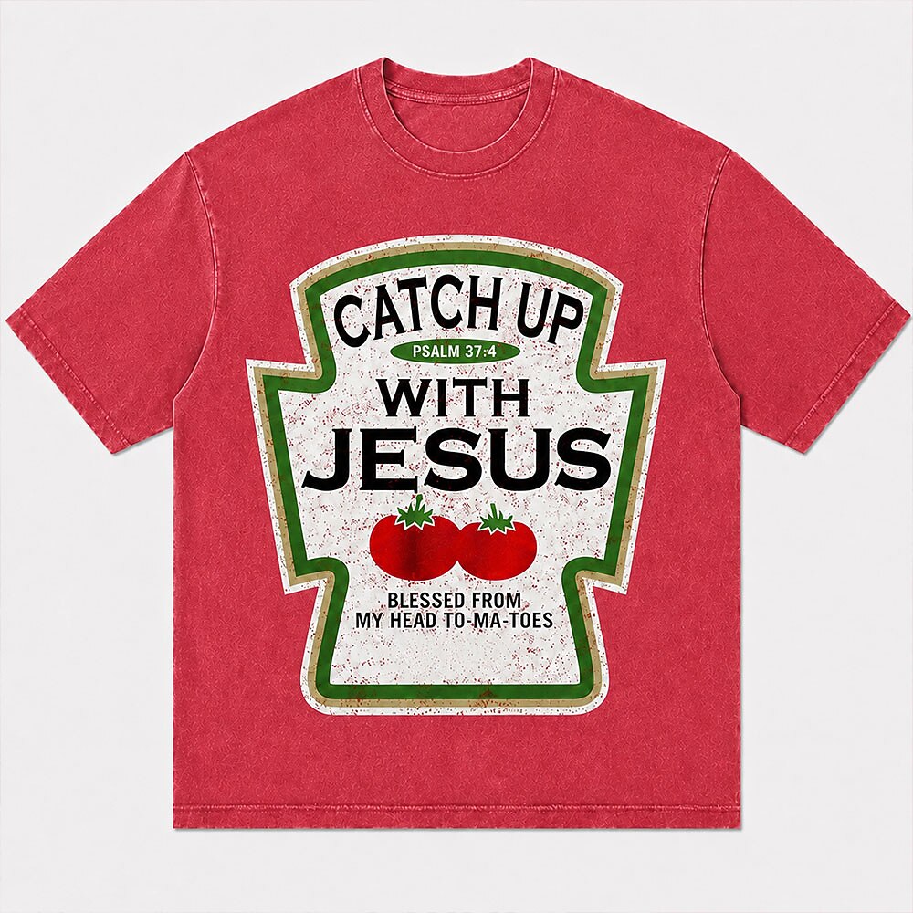 Funny Ketchup Label Parody Catch Up with Jesus Red Tomatoes Quote Christliches T-Shirt - Produktbild 1