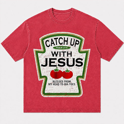 Funny Ketchup Label Parody Catch Up with Jesus Red Tomatoes Quote Christian T-Shirt - product image 1