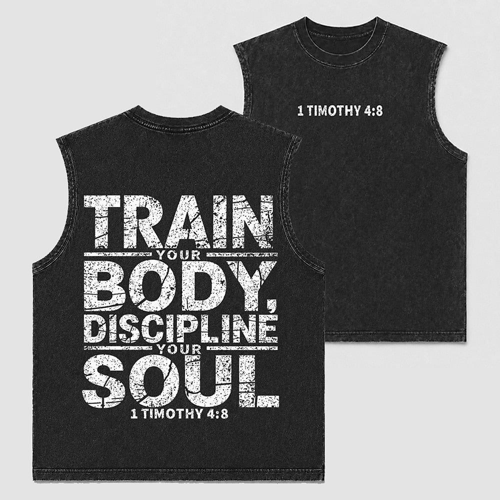 Christian fitness tank: train your body, discipline your soul - 1 Timothy 4:8 - Tank Top