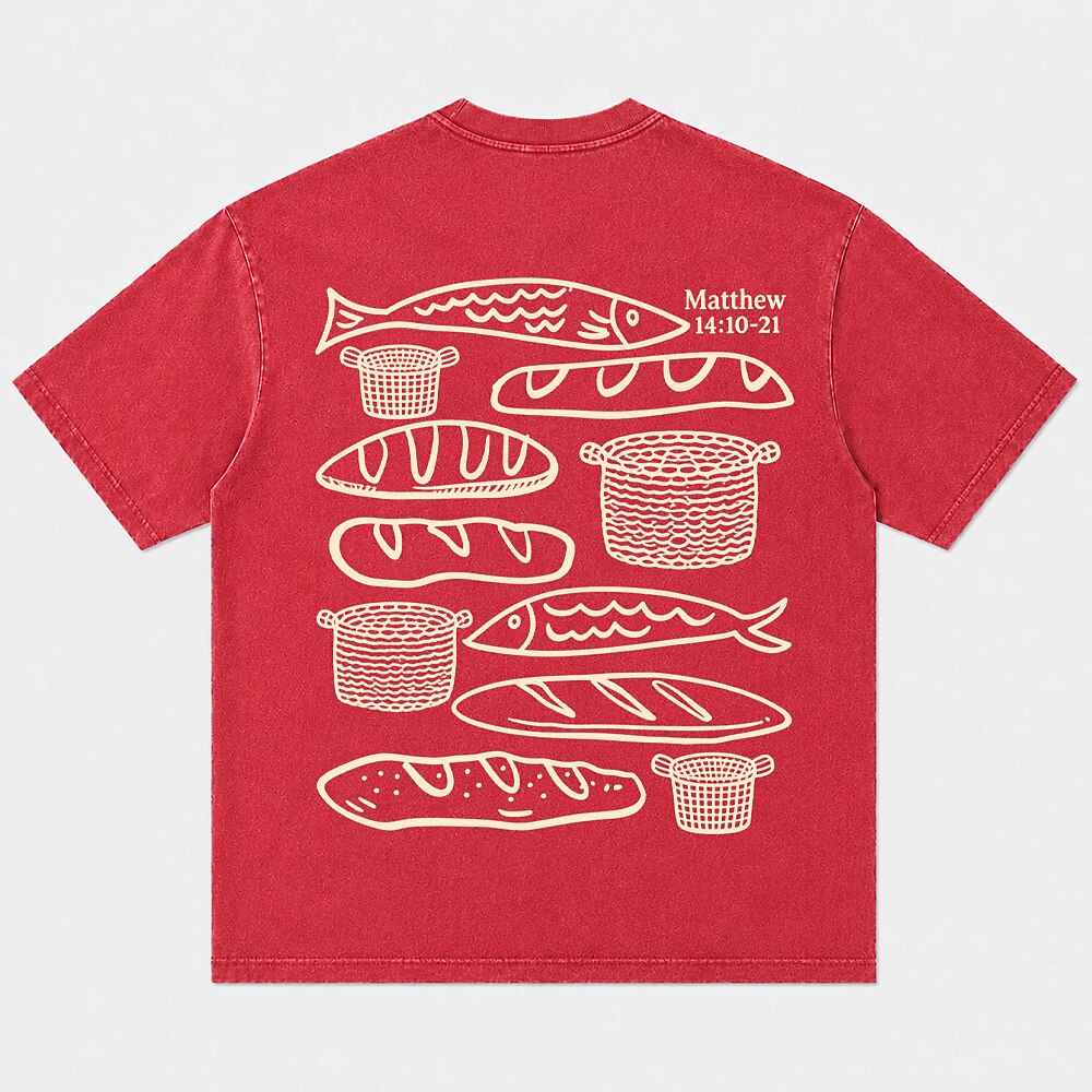 Loaves fish and baskets scripture graphic cotton T-shirt, product view 6