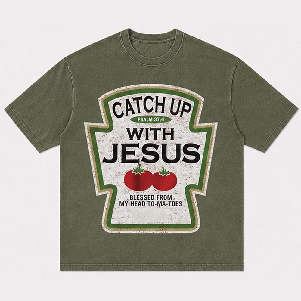 Funny Ketchup Label Parody Catch Up with Jesus Red Tomatoes Quote Christian T-Shirt - product image 6