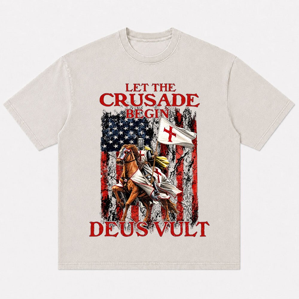 Mounted crusader cross flag and Deus Vult lettering cotton T-shirt, product view 5