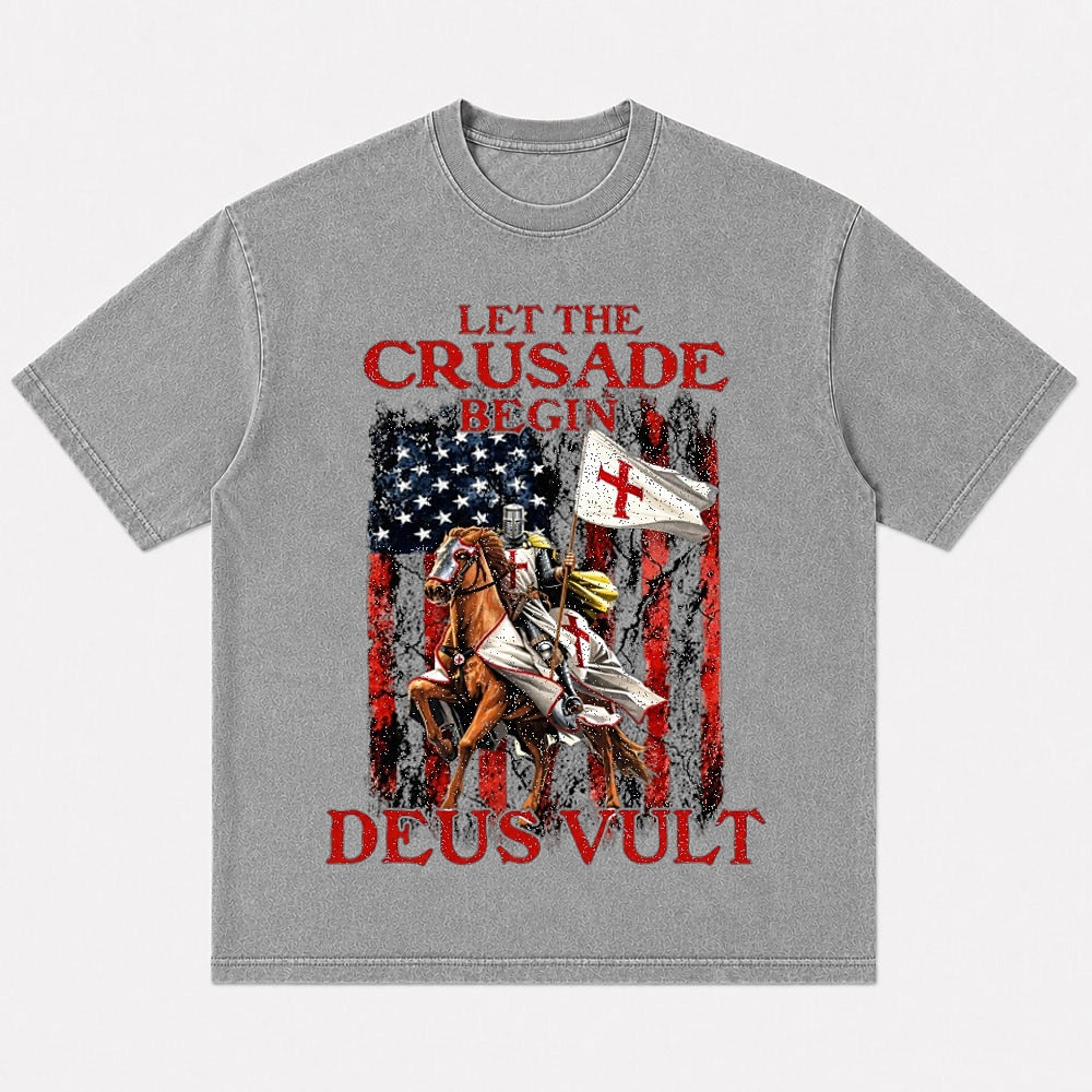 Mounted crusader cross flag and Deus Vult lettering cotton T-shirt, product view 1