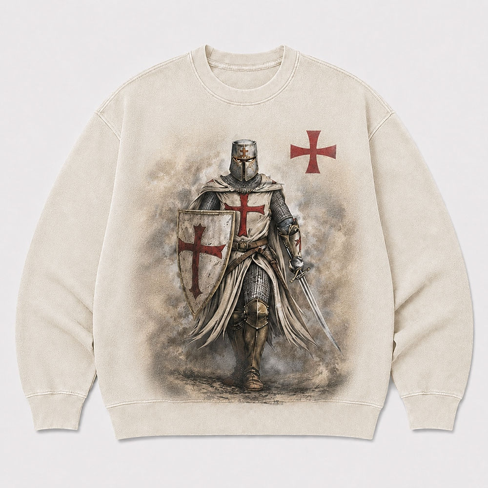 Cross and Templar knight Christian graphic on White washed sweatshirt
