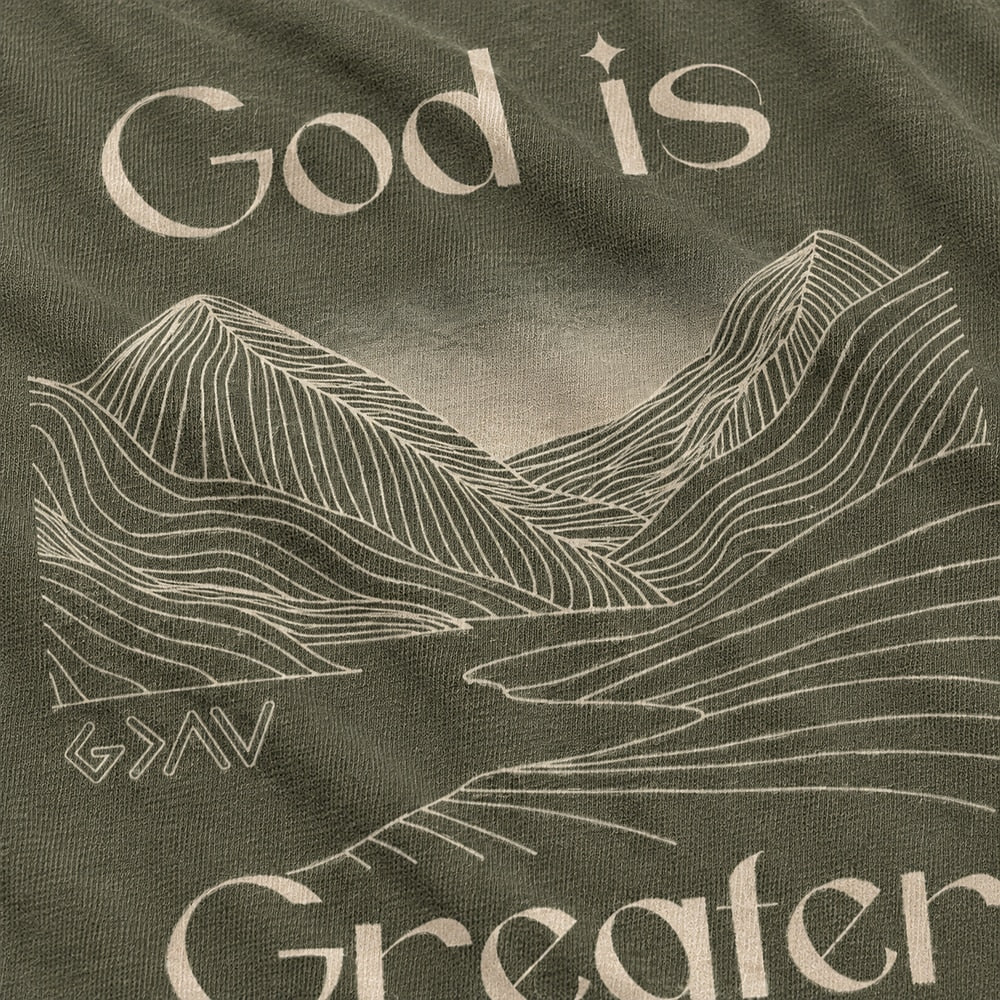 God Is Greater Mountain cotton T-shirt, additional product detail view