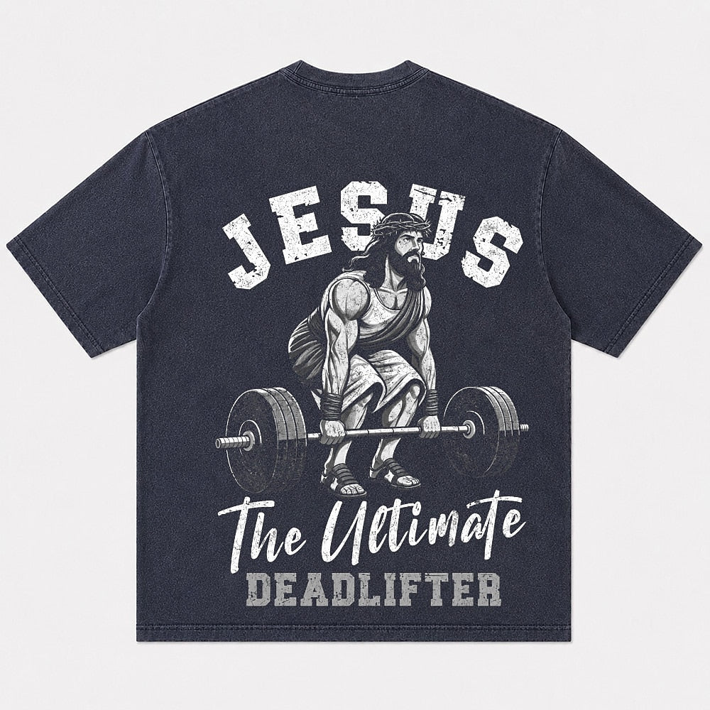 Jesus The Ultimate Deadlifter washed cotton T-shirt, product view 6