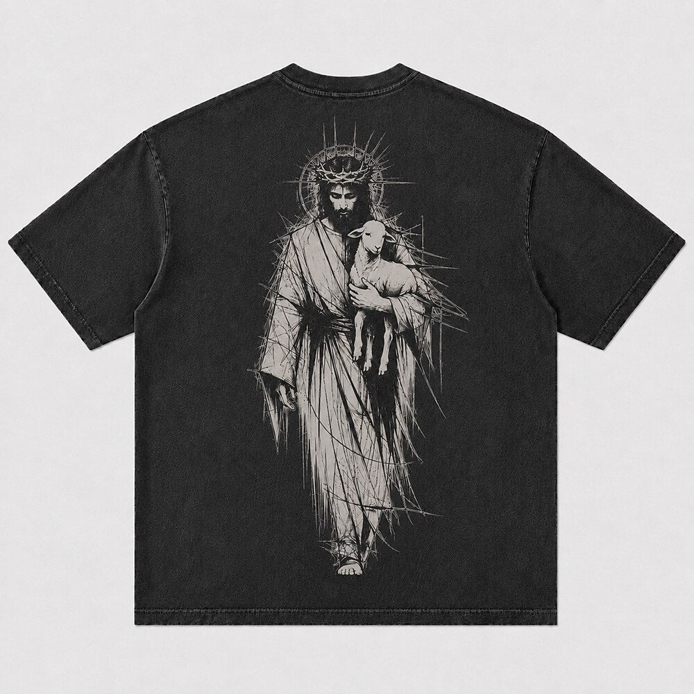 Jesus Holding Lamb Crown Of Thorns Good Shepherd Sketch Line Art Christian Religious Vintage Front Cross Christian T-Shirt - product image 6