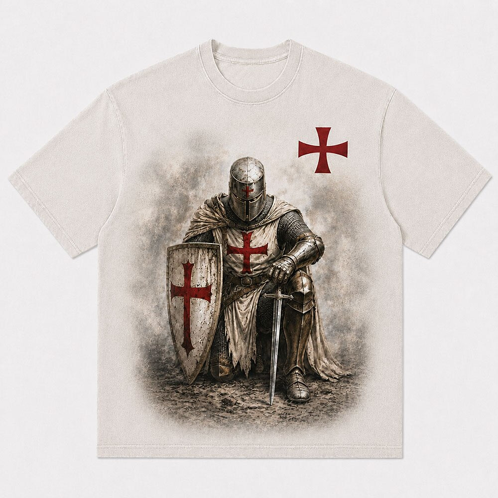 Medieval Crusader Kneeling Templar Knight in Armor with Sword Red Cross Shield Christian T-Shirt - product image 4