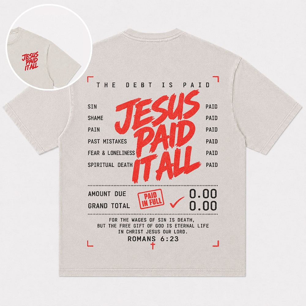 Jesus Paid It All receipt graphic cotton T-shirt, product view 1