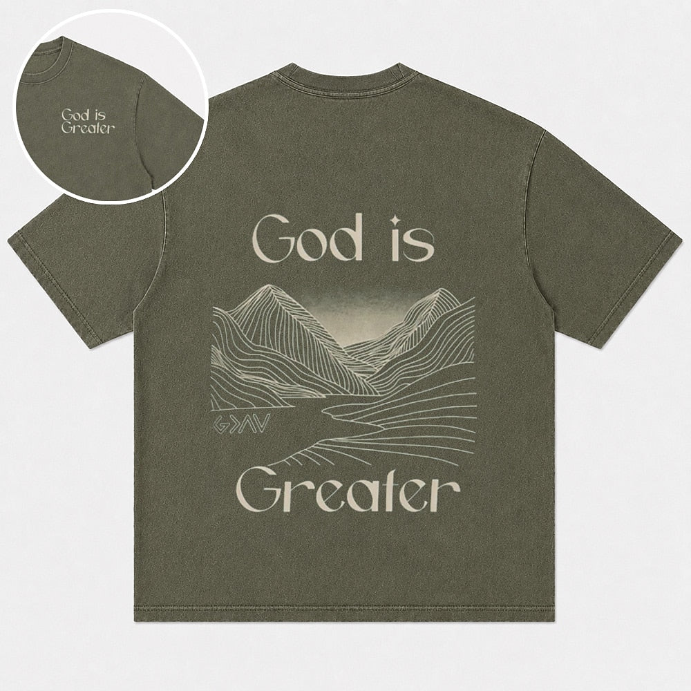 God is Greater mountain and valley graphic cotton T-shirt, product view 1