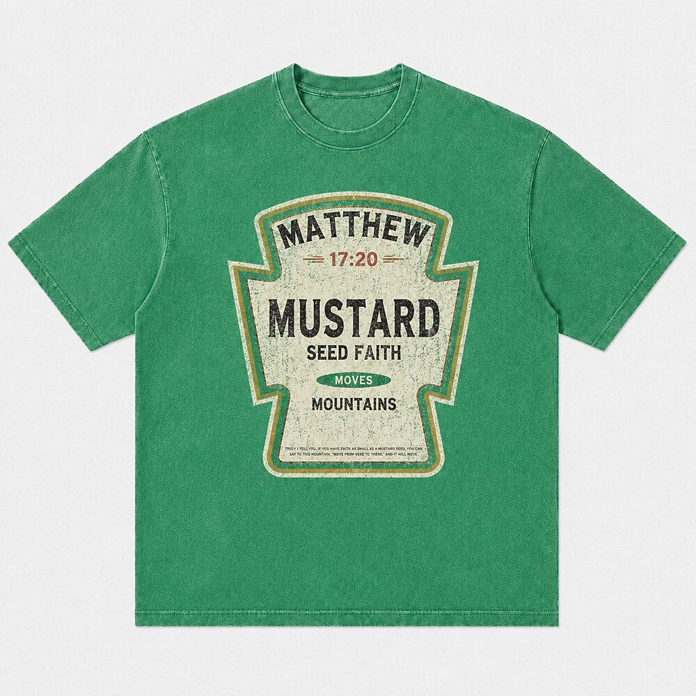 Matthew 17:20 Mustard Seed Faith Moves Mountains Bible Verse Christian Humor Vintage Condiment Label Parody Christian T-Shirt - product image 7