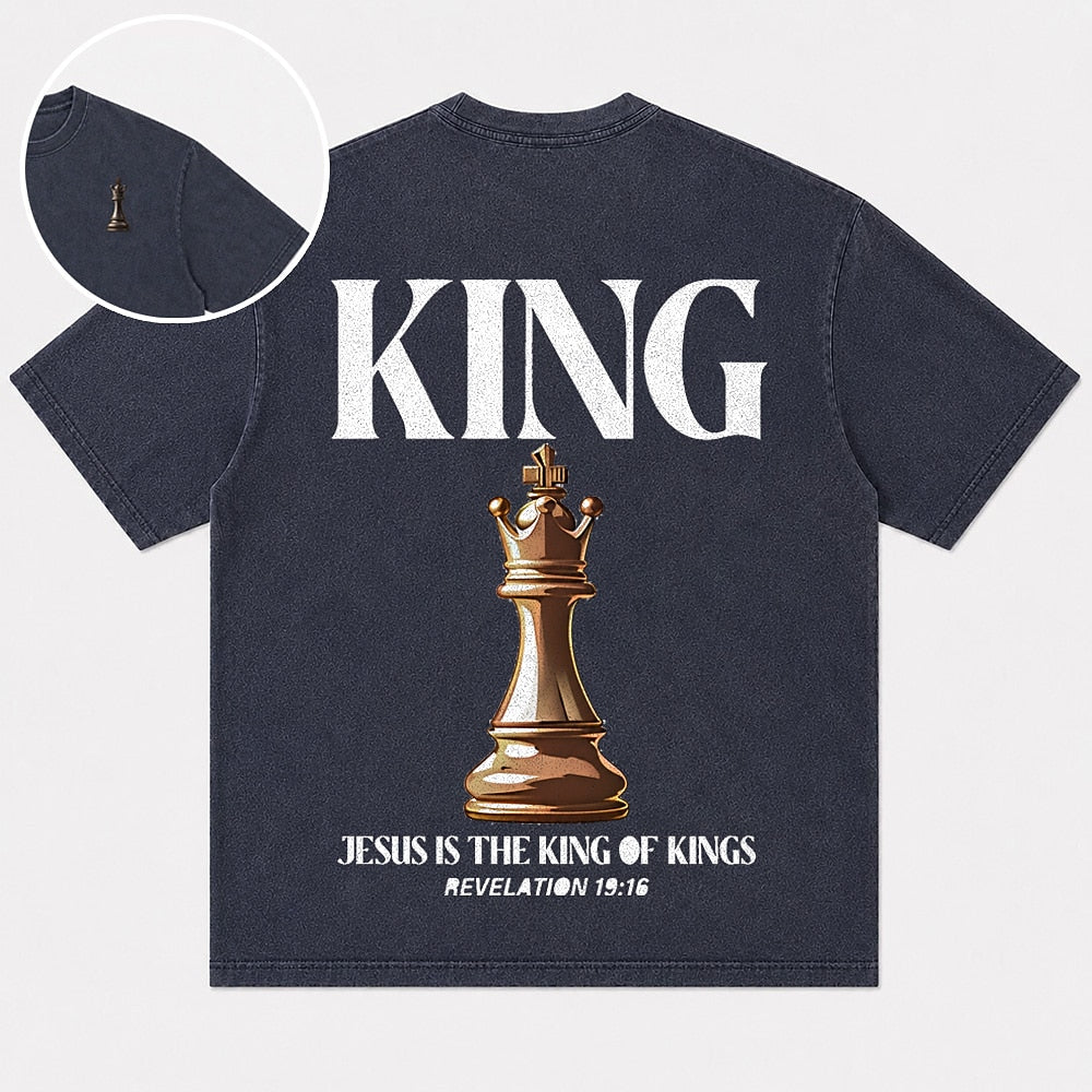 Chess king and Jesus Is the King of Kings lettering cotton T-shirt, product view 1