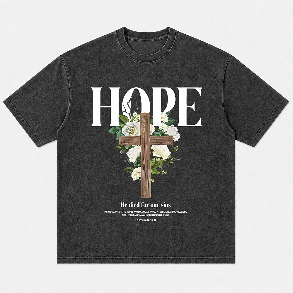 Hope lettering with cross and roses cotton T-shirt, product view 1