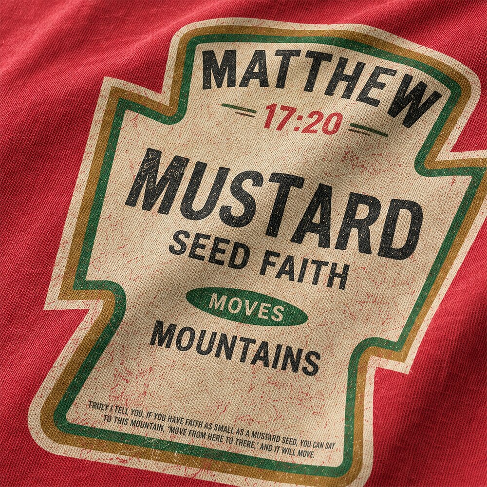 Matthew 17:20 Mustard Seed Faith Moves Mountains Bible Verse Christian Humor Vintage Condiment Label Parody Christian T-Shirt - product image 2