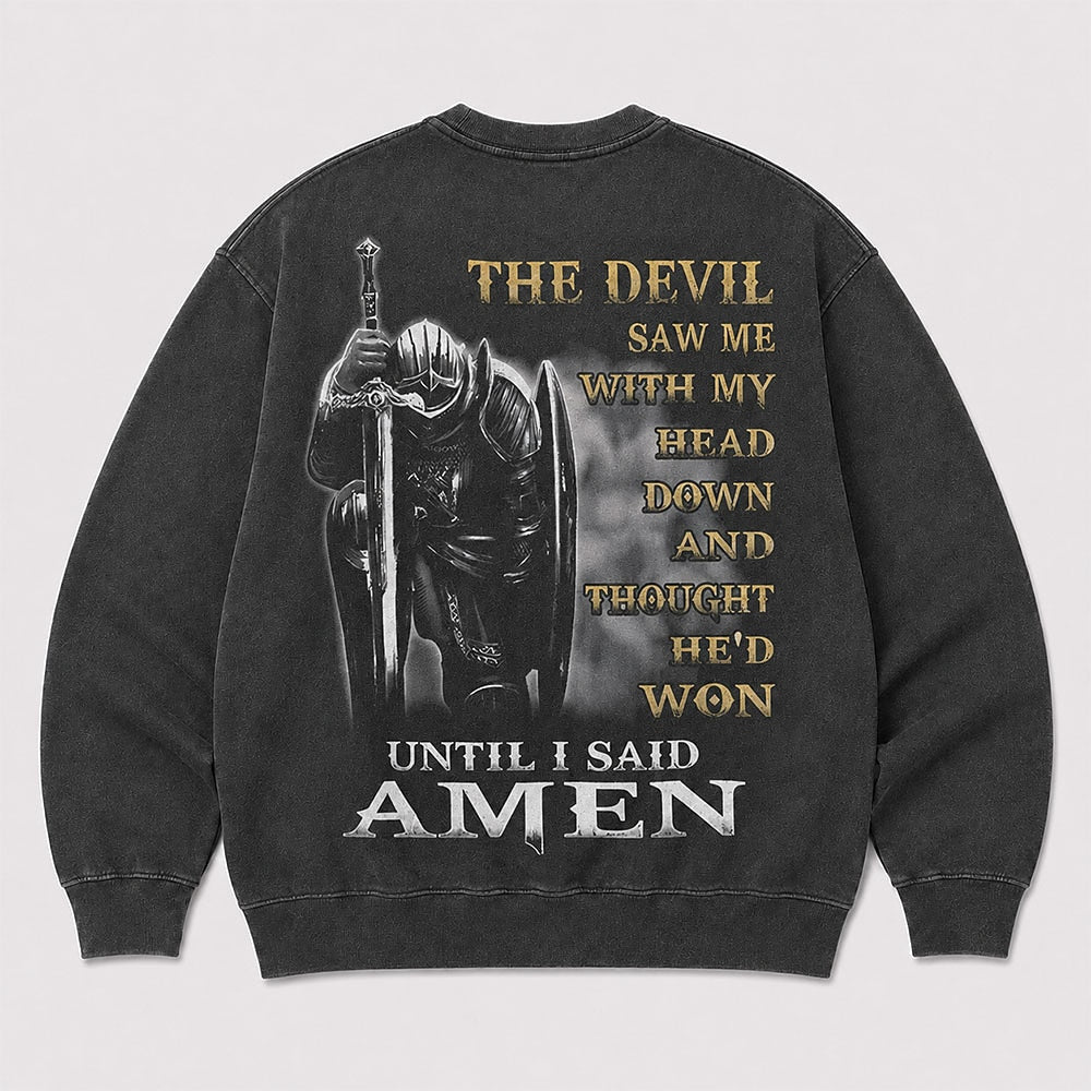 The Devil Saw Me Christian knight graphic on Black washed sweatshirt