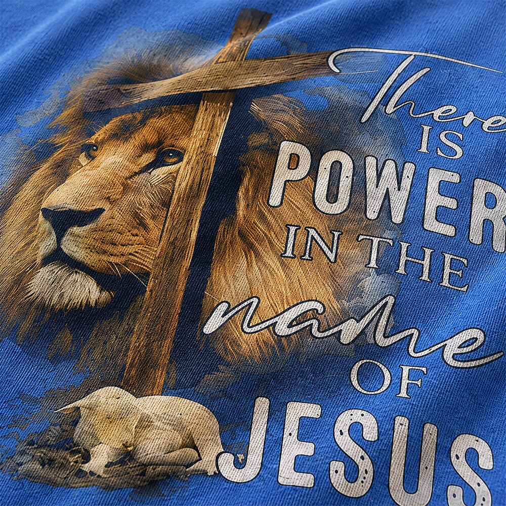 There Is Power In The Name Of Jesus Lion Of Judah Lamb Wooden Cross Christian Faith Realistic Vintage Christian T-Shirt - product image 2