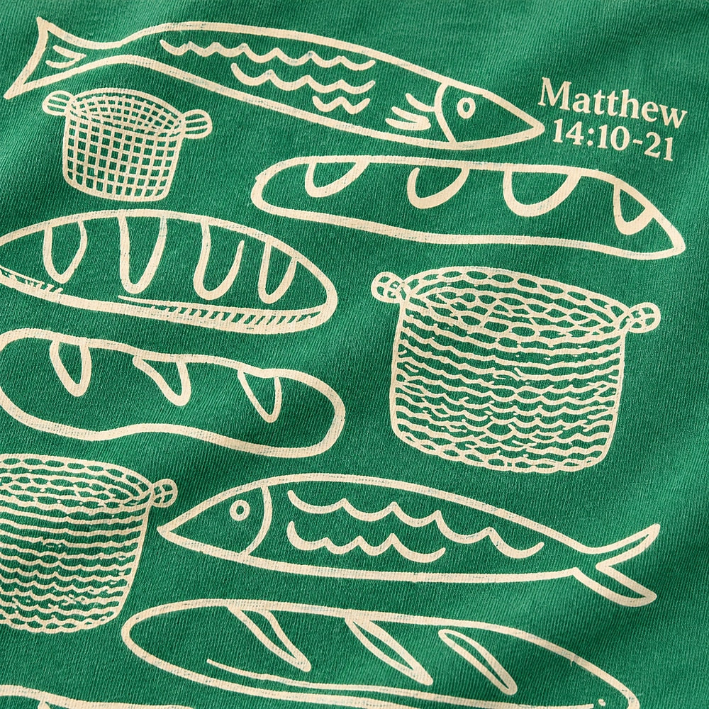 Loaves and Fish Matthew 14:10-21 cotton T-shirt, additional product detail view