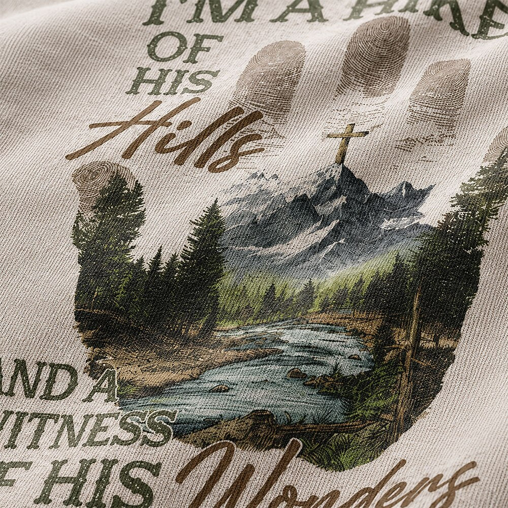 I'm A Hiker of His Hills And A Witness of His Wonders Quote with Handprint Mountain River Cross Christian T-Shirt - product image 2