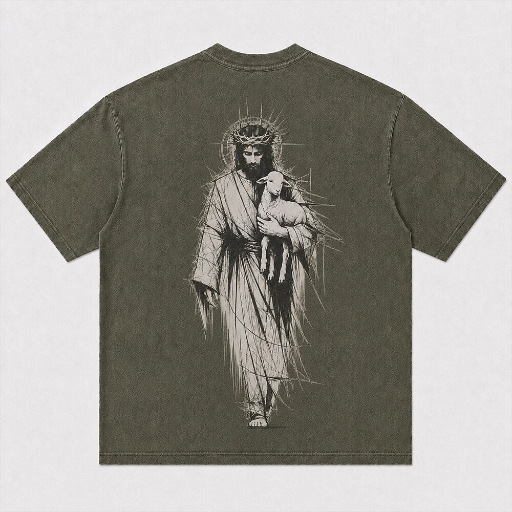 Jesus Holding Lamb Crown Of Thorns Good Shepherd Sketch Line Art Christian Religious Vintage Front Cross Christian T-Shirt - product image 7