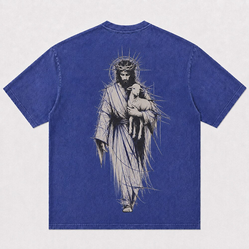 Jesus Holding Lamb Crown Of Thorns Good Shepherd Sketch Line Art Christian Religious Vintage Front Cross Christian T-Shirt - product image 3