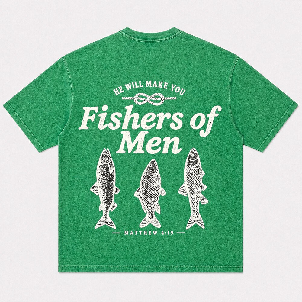Three fish with Matthew 4:19 lettering cotton T-shirt, product view 6