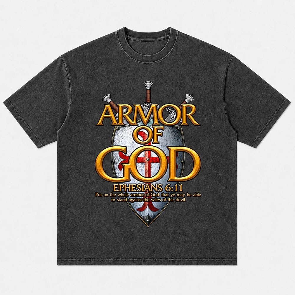 Armor of God Shield Ephesians 6:11 washed cotton T-shirt, product view 6