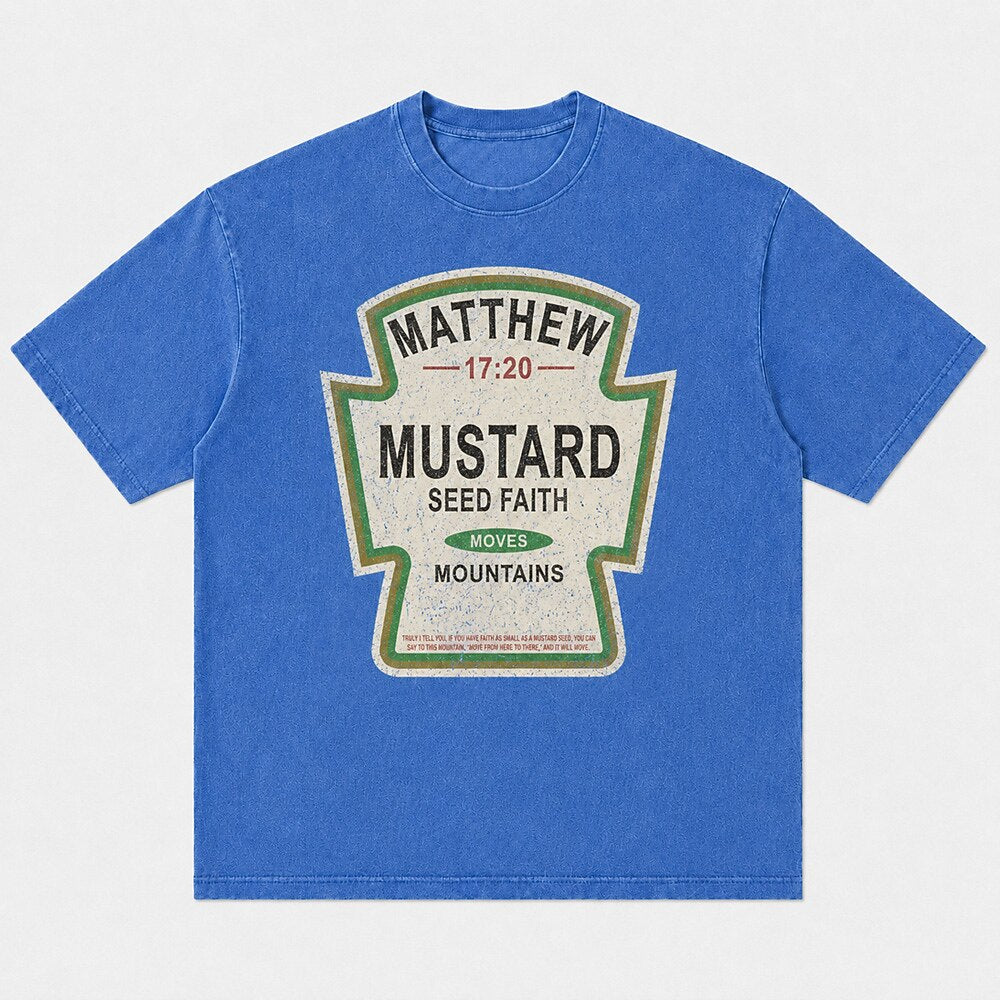 Matthew 17:20 Mustard Seed Faith Moves Mountains Bible Verse Christian Humor Vintage Condiment Label Parody Christian T-Shirt - product image 5