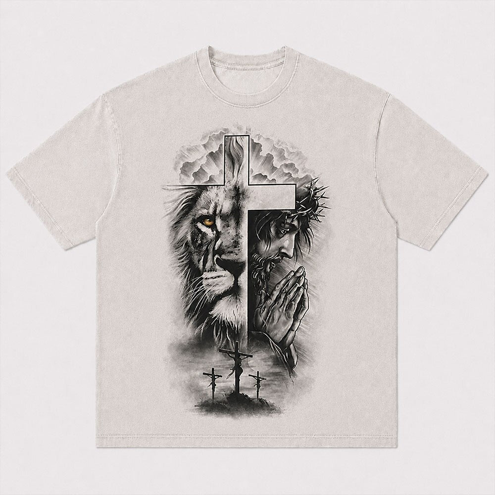 Lion Face Jesus Praying with Crown of Thorns Three Crosses Christian T-Shirt - product image 1