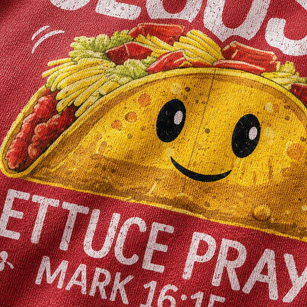 Christian Faith Wanna Taco 'Bout Jesus Lettuce Pray Mark 16:15 Funny Quote with Cute Cartoon Taco Christian T-Shirt - product image 2