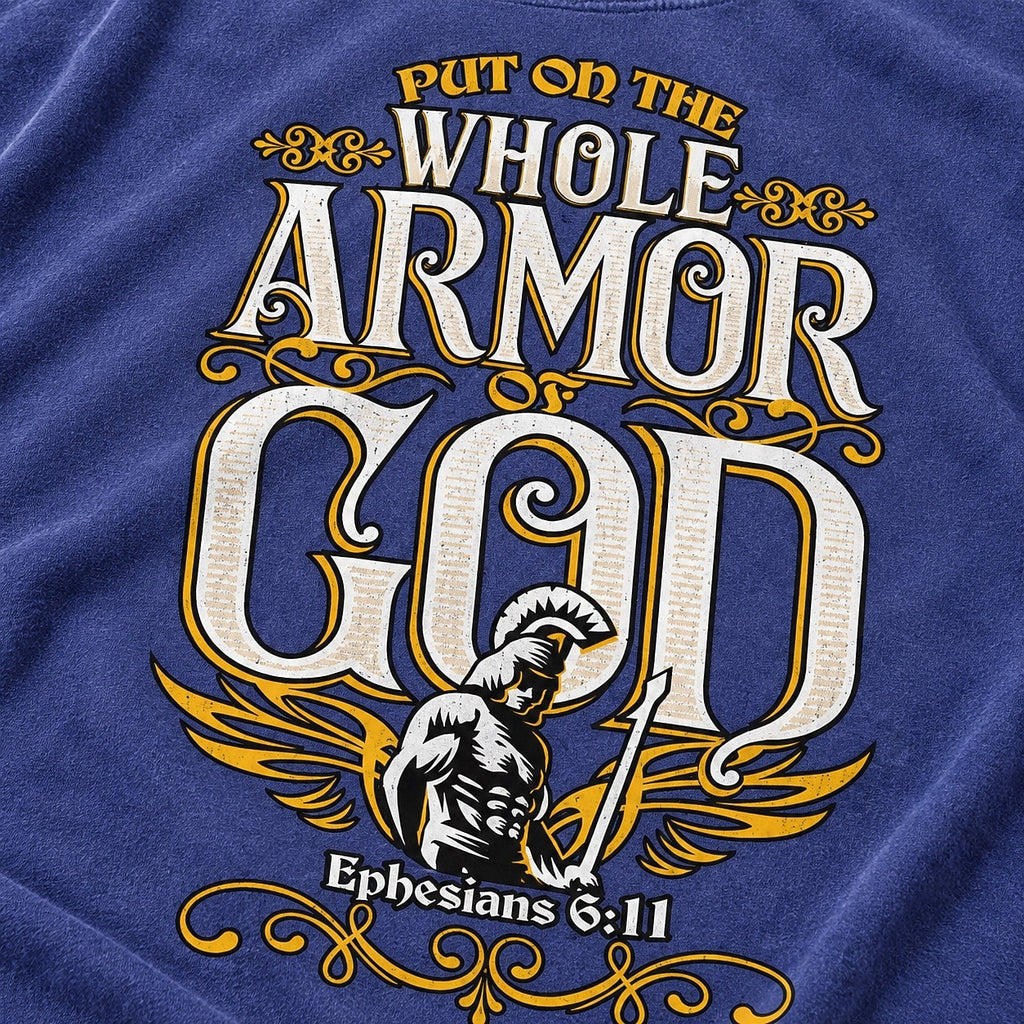 Whole Armor of God Warrior Ephesians 6:11 washed cotton T-shirt, print detail view 5