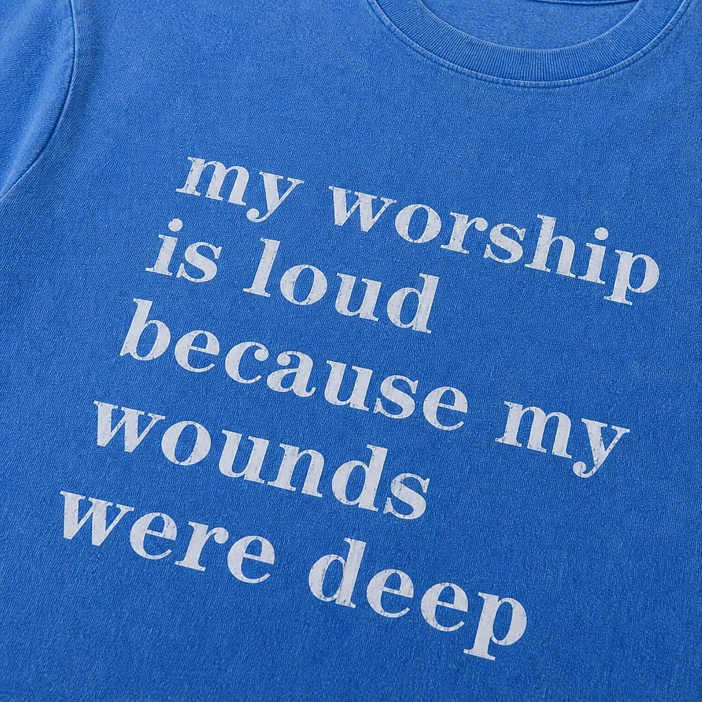 My Worship Is Loud washed cotton T-shirt, print detail view 3