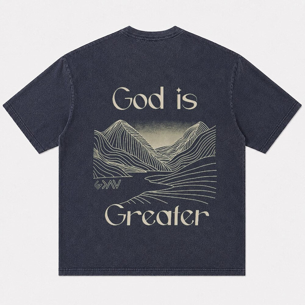 God is Greater mountain and valley graphic cotton T-shirt, product view 4