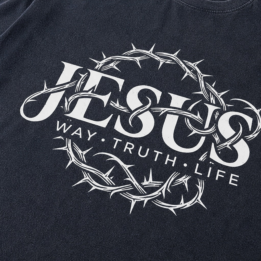 Jesus Way Truth Life Crown of Thorns washed cotton T-shirt, print detail view 5