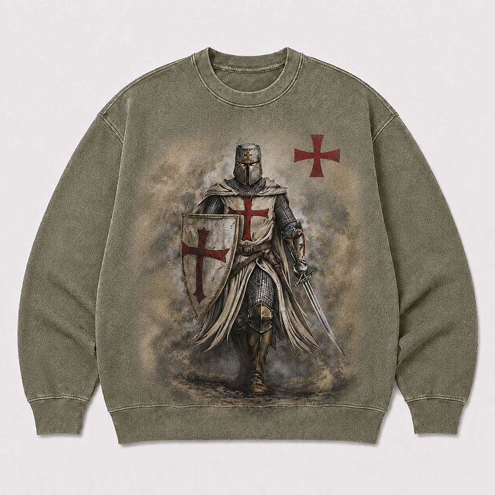 Cross and Templar knight Christian graphic on Black washed sweatshirt