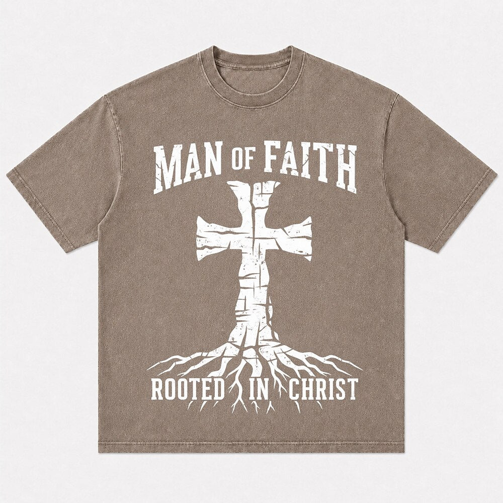 Man of Faith rooted cross in Christ Christian T-shirt