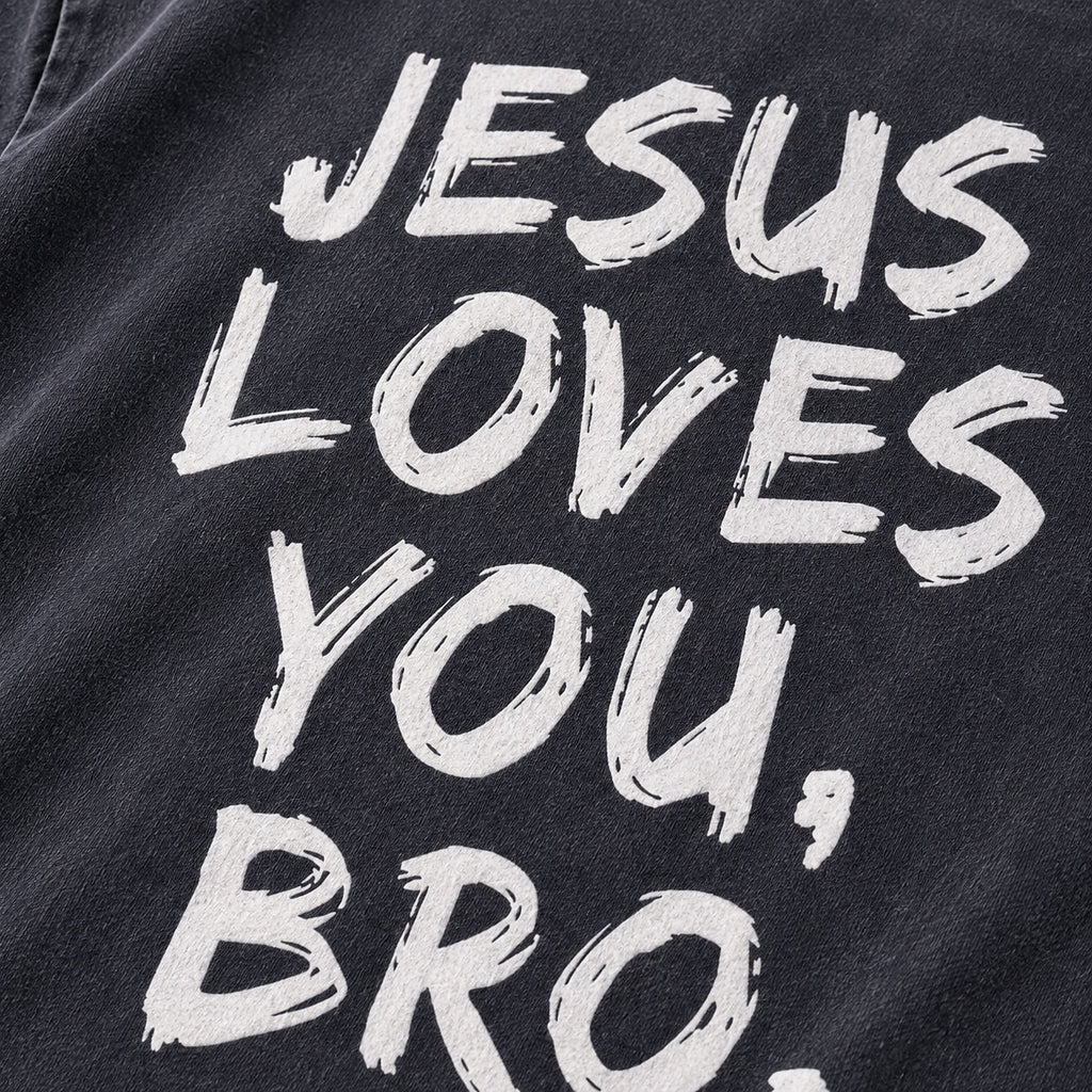 Jesus Loves You Bro washed cotton T-shirt, print detail view 4