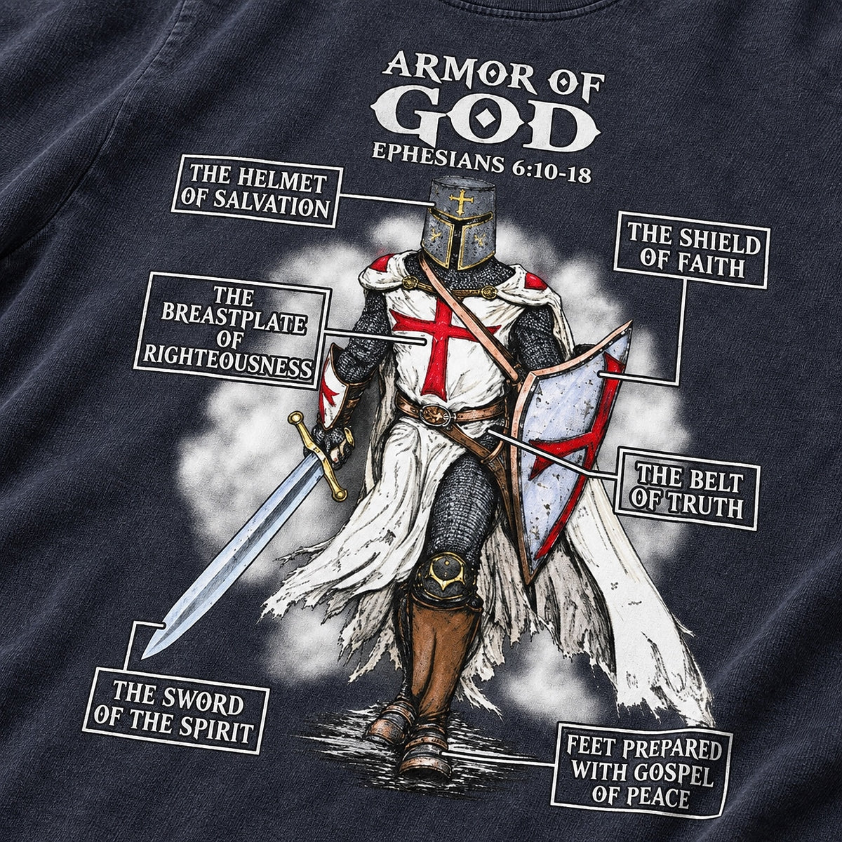 Armor of God Knight Ephesians 6:10-18 washed cotton T-shirt, print detail view 4