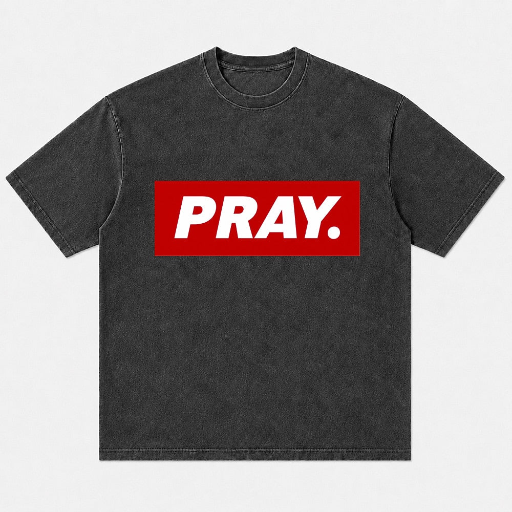 Red PRAY box logo Christian humor T-shirt