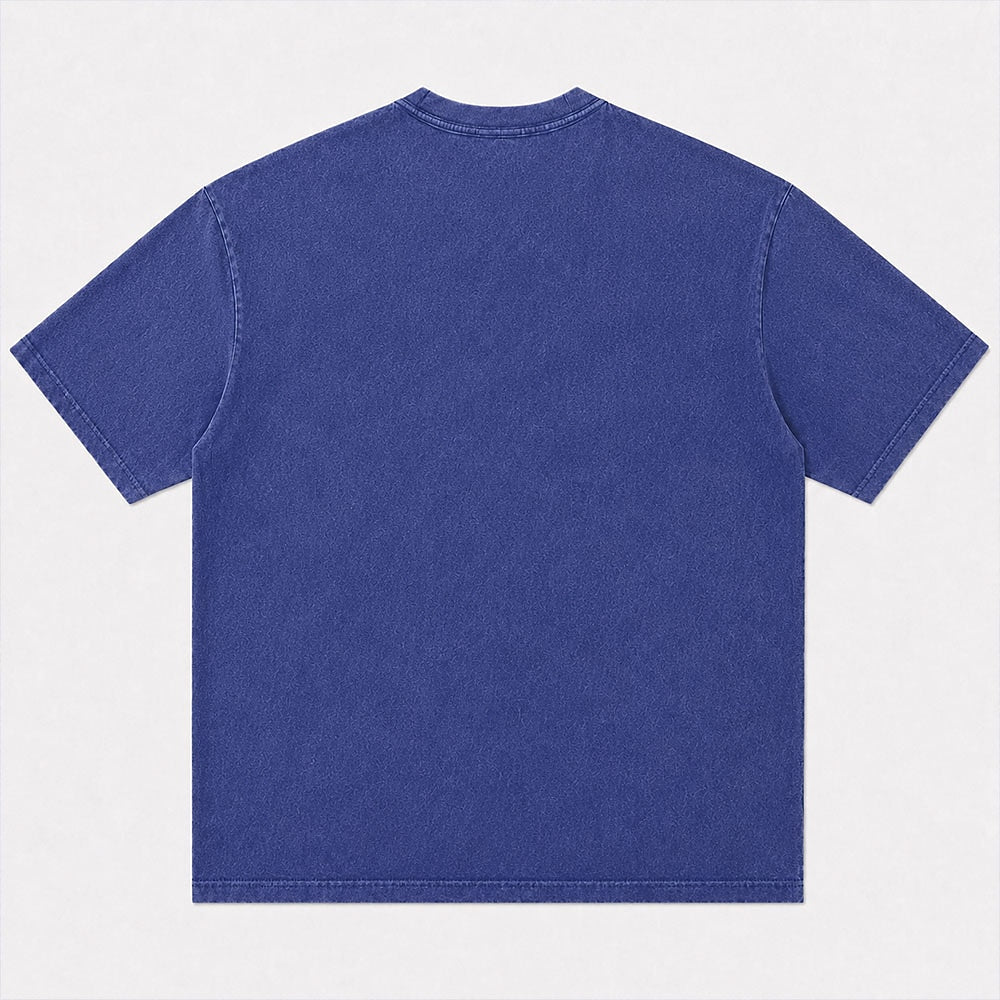 Plain back view of a washed cotton crew-neck T-shirt
