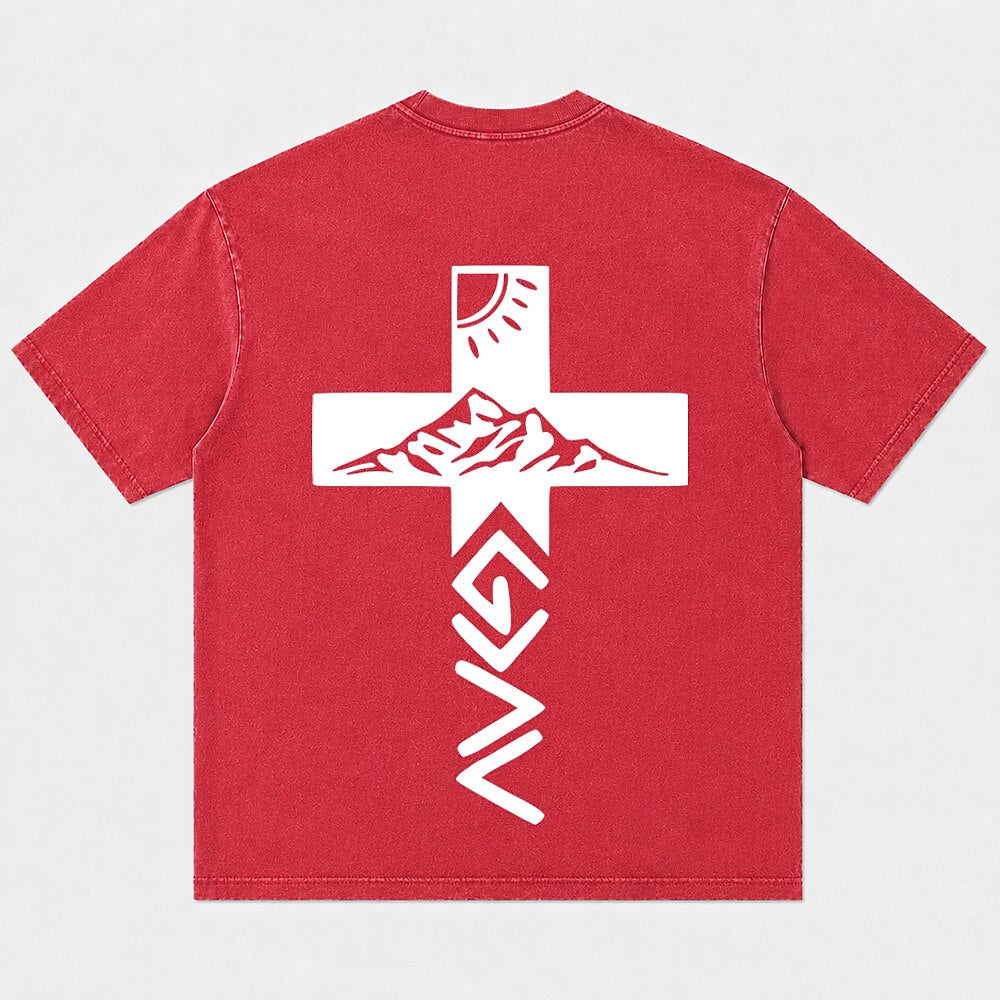 God is greater than highs and lows mountain cross T-shirt