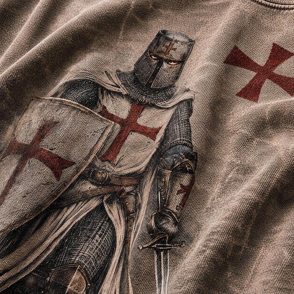 Cross and Templar knight Christian graphic on White washed sweatshirt