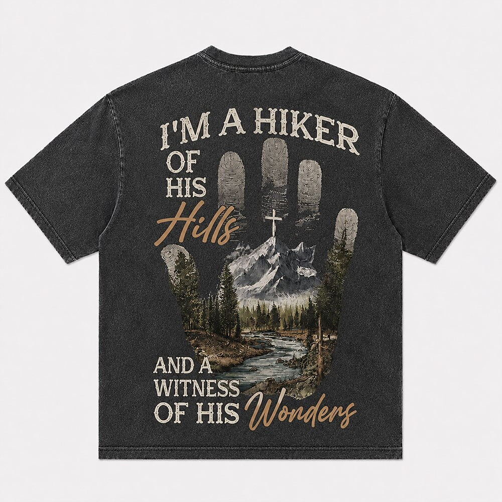 I'm A Hiker of His Hills And A Witness of His Wonders Quote with Handprint Mountain River Cross Christian T-Shirt - product image 7