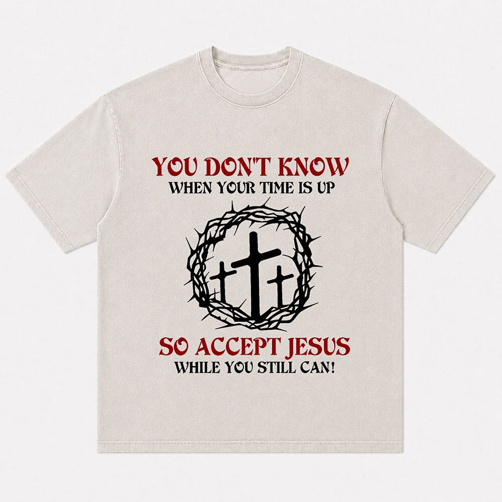 Three crosses and crown of thorns graphic cotton T-shirt, product view 4