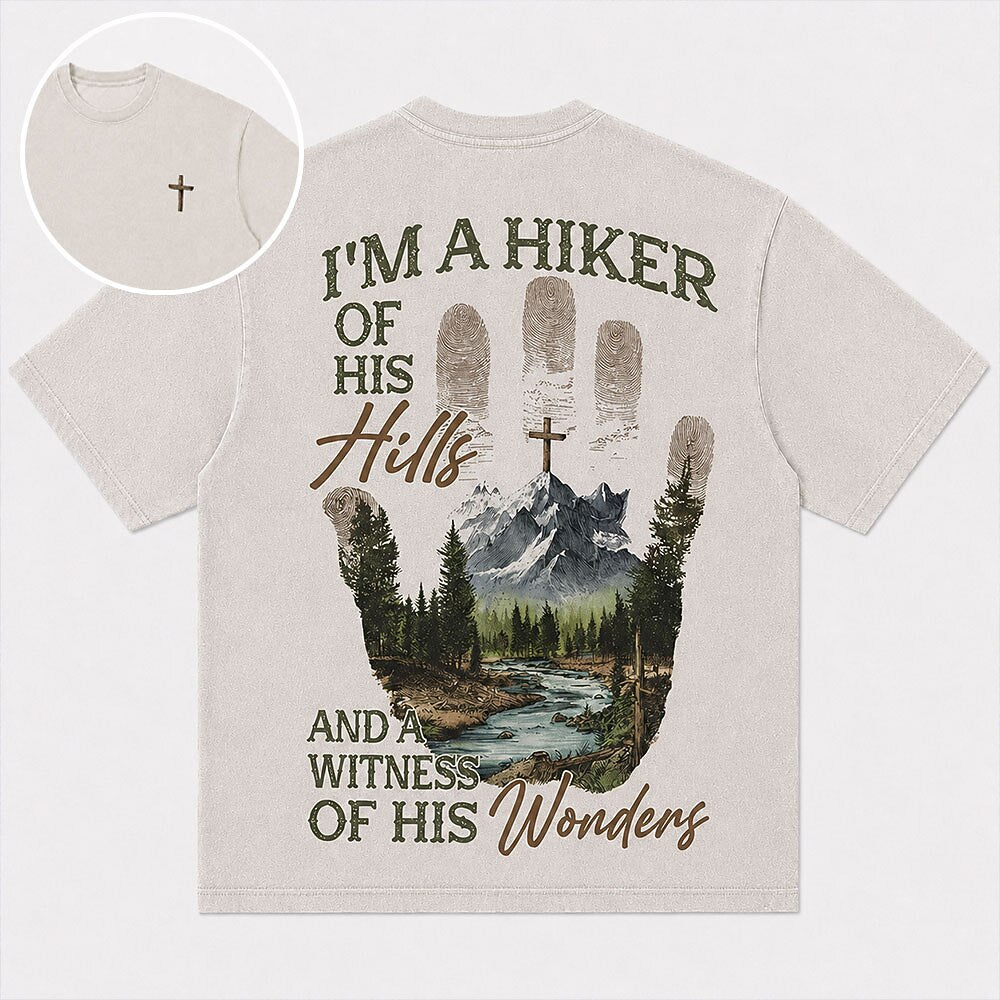 I'm A Hiker of His Hills And A Witness of His Wonders Quote with Handprint Mountain River Cross Christian T-Shirt - product image 1