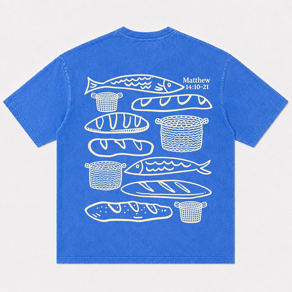 Loaves fish and baskets scripture graphic cotton T-shirt, product view 4